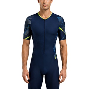 Combinaison de triathlon pour homme bleu marine avec accents vert fluo, séchage rapide, compression, pour cyclisme, course à pied, natation, tenue de compétition - Product Image 1