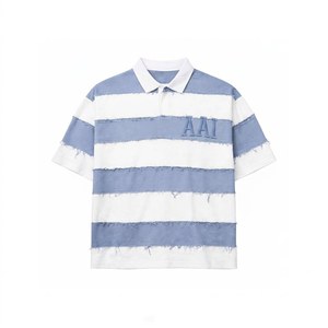 Camiseta Polo Oversize a Rayas para Hombre con Bajo Deshilachado, Cuello Redondo, Hombros Caídos, Estilo Casual Urbano, 100% Algodón Transpirable - Product Image 1