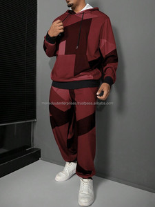 Geometric <b>Burgundy</b> Black Colorblock Tracksuit Set <b>Hoodie</b> with Jogger Pants Custom Logo Two Piece Streetwear Outfit Wholesale - Product Image 5