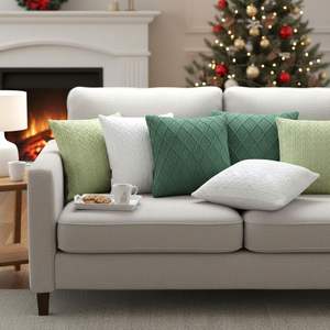 6PC Fresh and Pure <b>Cable</b> <b>Knit</b> and Forest Green Diamond <b>Knit</b> Decorative <b>Throw</b> Pillow Cover Set - Product Image 6