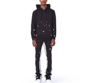 Unisex Black Cotton Tracksuit Hoodie And Joggers With White Drip Print Streetwear Style Full Length Drawstring Pants - Product Image 2
