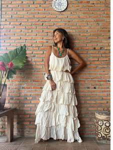Vestido Maxi Bohemio Blanco con Volantes y Capas, Sin Mangas, Tejido, Cintura Natural, Algodón Orgánico Ecológico, para Verano, Playa y Resort - Product Image 5