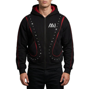 OEM Men Fashion Black <b>Rhinestone</b> Logo Hoodies <b>Jacket</b> Custom Colour Available Wholesale Men Zip Up Casual Contrast Piping Hoodies - Product Image 1