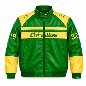 เสื้อแจ็คเก็ตวาร์ซิตี้สีเขียวและเหลืองของชมรมนักเรียนหญิงชื่อ Chi Eta Phi รุ่น Chiettes ทำจากหนัง PU ติดซิปด้านหน้า แขนเสื้อปักตัวอักษร ดีไซน์แบบเสื้อแข่งรถ แฟชั่นสำหรับผู้หญิง - Product Image 4