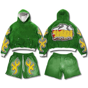 Heavyweight 400 GSM Cotton Blend Green Hoodie Shorts Set <b>Flame</b> Patch Embroidered Logo Hoodie Short Set men's - Product Image 1