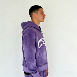 Sudadera con capucha extragrande de invierno para hombre, personalizada, con efecto desgastado, parche bordado, pedrería, cremallera, lavado ácido, estilo vintage, de felpa francesa, streetwear - Product Image 3