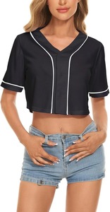 Camiseta Corta Negra para Mujer con Ribete Rosa, Manga Corta, Ajustada, Estilo Veraniego, Color Sólido, Cuello Redondo, Poliéster - Product Image 3