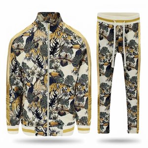 High Selling Custom Logo Tiger And Toucan <b>Print</b> Men's Tracksuit Set Gold Trim Full Zip Jacket And Sweatpants 2 Piece Outfit Wear - Product Image 1