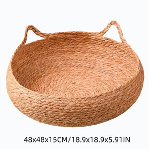 Panier-lit pour animaux de compagnie en jonc de mer rond et tressé, avec oreilles décoratives, en paille naturelle, écologique, pour chat et petit chien, ensemble coussin de repos - Product Image 2