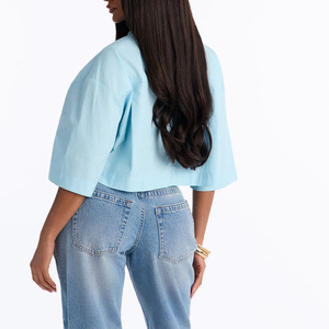 Camisa de Verano para Mujer, Fabricada en Fábrica, Color Azul Claro, Corte Recortado, Botones, Manga Corta, Popelina Lisa, Blusa Casual, Corte Holgado - Product Image 2