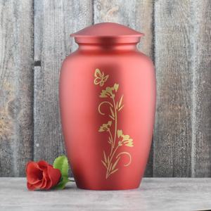 Elegant Crimson Red Metal Cremation Urn with Golden Butterfly & Floral Engraving - Handcrafted <b>Memorial</b> Keepsake for Human Ashes - Product Image 1