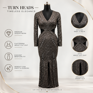 Luxury <b>Sequin</b> Cut Out Evening Dress for Women Deep V Neck Long Sleeve Bodycon Maxi Gown with Front Slit Party Cocktail Formal - Product Image 5