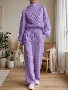 Women Lavender Knit Two Piece <b>Set</b> Turtleneck <b>Top</b> <b>Long</b> Pants Winter Outfit - Product Image 2