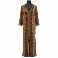 Combinaison de soirée ornée de détails bronze marron, col en V profond |   Combinaison formelle longue à manches longues, coupe droite large, ornée de perles