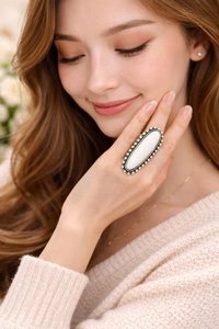 White Turquoise Statement <b>Ring</b> Vintage <b>Silver</b> Beaded Frame Adjustable Boho Jewelry for Women Gift - Product Image 5