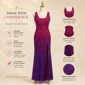 Women Ombre <b>Sequin</b> Evening Gown Square Neck Sleeveless Bodycon Maxi Dress Thigh High Slit Sparkling Formal Prom Cocktail Party - Product Image 5