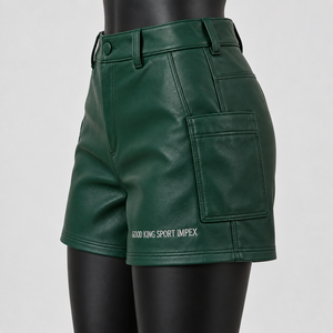 Custom Green PU <b>Leather</b> Cargo Shorts <b>Women</b>’s High Waist Faux <b>Leather</b> Utility Shorts Manufacturer Wholesale OEM ODM Private Label - Product Image 4