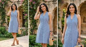 เดรสยาวลายตารางสีน้ำเงินแบบไม่มีแขน มีกระเป๋าข้าง คอตั้งติดกระดุม ผ้าก๊อตต์ สำหรับผู้หญิง สวมใส่สบายๆ ในฤดูร้อน - Product Image 4