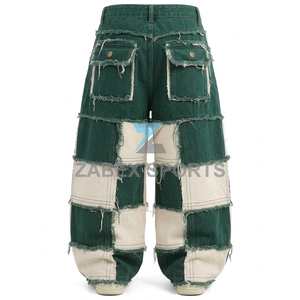 Pantalon en jean patchwork urbain pour homme, coupe ample, jambe large, style cargo, denim épais, vêtements streetwear décontractés, fabriqué au Pakistan - Product Image 2