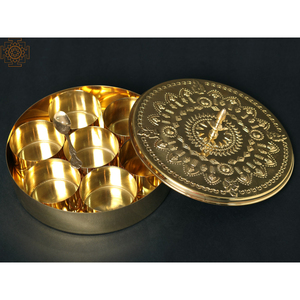 Multi colour Brass Spice <b>Box</b> with 7 Compartments & Spoon Traditional Decal Printed Masala Dabba For Luxury Kitchen Decor & India - Product Image 6