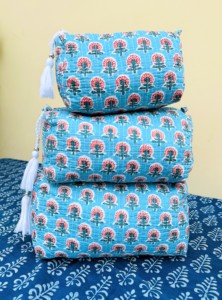 Women's Handmade Quilted Block Printed Eco-Friendly Cotton Large Waterproof Reusable Lightweight Vintage Zipper Makeup <b>Storage</b> - Product Image 3