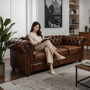 Sofá Chesterfield de Cuero Marrón de 3 Plazas con Respaldo Acolchado y Brazos Enrollados, Sofá de Cuero Clásico para Sala de Estar - Product Image 3