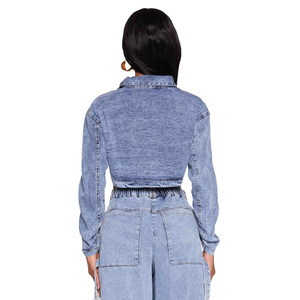 Wholesale Custom <b>Denim</b> <b>Cropped</b> Waterproof <b>Jacket</b> Zipper Closure Full Sleeve Turn-down Collar Utility Style Winter Autumn Women's - Product Image 2