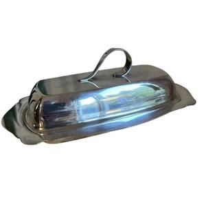 Mantequillera vintage moderna de metal plateado con tapa y asa en forma de V, contenedor rectangular de acero inoxidable para mantequilla. - Product Image 3