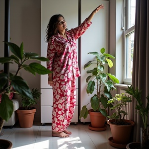 Mystic Dawn Ropa de dormir para mujer Petal Whispers y Crafted Grace Camisa de manga larga con pantalones elásticos - Product Image 1