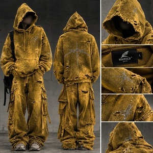 HAMILO Women Distressed Washed Cotton Fleece Quick Dry Hoodie and Cargo Pants Set <b>Punk</b> Streetwear Glitter Print Two Piece <b>Outfit</b> - Product Image 3