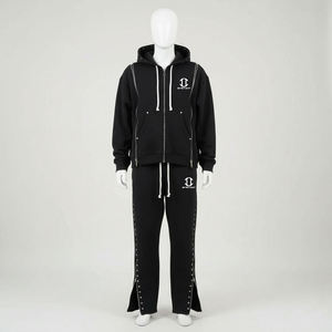 Conjunto de chándal de alta calidad personalizado, estilo streetwear, con lavado ácido, color liso, triple cremallera, sin estampado, con remaches, estilo hip hop, compuesto por sudadera con capucha y pantalones de chándal acampanados - Product Image 1