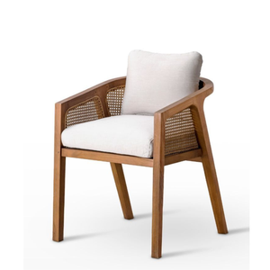 Silla de Comedor de Madera de Teca con Panel de Ratán Natural y Cojín Tapizado para Cafetería, Restaurante y Muebles de Interior Contemporáneos - Product Image 1