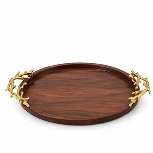 Plateau de service rectangulaire en bois de qualité supérieure avec poignées en laiton doré motif feuille de Ginkgo, plateau décoratif écologique pour table basse - Product Image 3