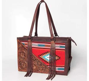 Handcrafted Genuine Leather Laptop Tote with Black & <b>White</b> Aztec Wool and Fringe - Product Image 5