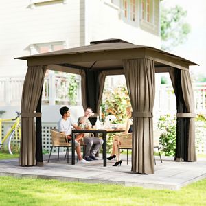 Gazebo da Esterno 3x3m con Tetto Morbido in PE, Tende e Zanzariera, Struttura in Acciaio, Ganci, Colore Kaki, Pergola in Legno - Product Image 2