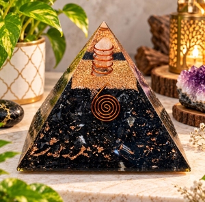 Pyramide d'orgone en tourmaline noire naturelle avec bobine de cuivre et cristal de quartz rose - Product Image 2