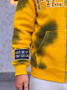 Sudadera con capucha y cremallera para hombre, estilo urbano oversize, de forro polar, con pedrería, diseño de logotipo frontal y estampado tie-dye amarillo y verde - Product Image 6