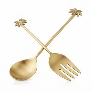 Tropical Palm Tree Handle <b>Gold</b> Salad Servers Set Luxury Brass Plated Stainless Steel <b>Serving</b> <b>Spoon</b> Fork Set for Summer Parties - Product Image 1