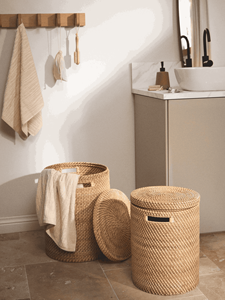 Natural Rattan Storage <b>Basket</b> <b>With</b> <b>Lid</b> Circle Shape Handles For Laundry Storage Nordic Style - Product Image 1
