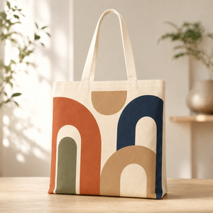 Custom Geometric Long Handle Canvas & Cotton Beach <b>Tote</b> Bag <b>with</b> <b>Zipper</b> Closure Printed Reusable Carryall for Retail & Grocery - Product Image 1