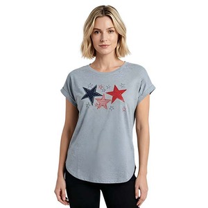 Gray Cap Sleeve T-<b>Shirt</b> With <b>Star</b> Print Loose Fit Crew Neck Casual Jersey 100% Cotton Breathable All Seasons - Product Image 1