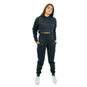 Custom Women Black Short Hooded <b>Velvet</b> Sweatshirt Jogger <b>Tracksuit</b> Two Piece Casual Winter Sportswear Apparel Set - Product Image 1