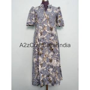 Vestido midi de algodón 100% con estampado floral hecho a mano, nuevo diseño hermoso para mujer, cuello en V, mangas cortas, cómodo para la oficina. - Product Image 1