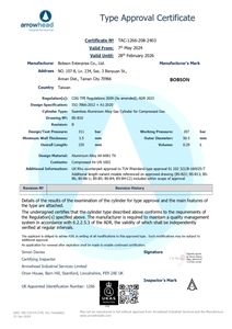 Cylindre d'air en aluminium haute pression certifié BOBSON RHO UK 180 ml 11CI 3000 psi, modèle BS-B6-1, pour systèmes pneumatiques industriels - Product Image 4