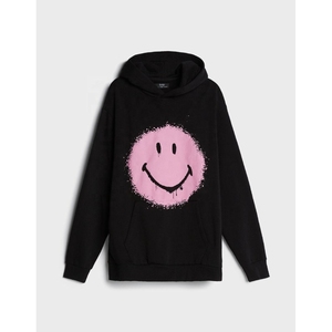 Sudadera con Capucha Negra Unisex con Estampado de Cara Sonriente con Pintura en Aerosol Rosa, Corte Holgado, Estilo Casual Urbano, Diseño con Logotipo Frontal - Product Image 1