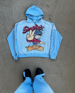 Conjunto de Sudadera con Capucha y Pantalones Jogger Acampanados para Hombre, Estilo Vintage Personalizado, de Dos Piezas Completas, con Pedrería, Estampado Desgastado y Lavado Ácido - Product Image 3
