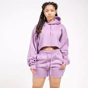 Ensemble 2 pièces pour femme : sweat à capuche court et short, couleur unie, en molleton, décontracté, sportswear, printemps-été, manches longues, coupe ample - Product Image 1