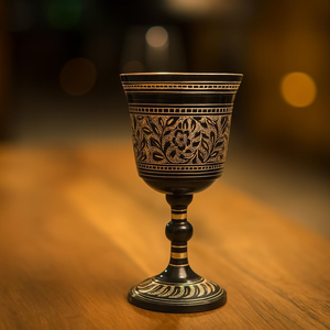Copa de Latón Esmaltado en Negro con Grabado Floral Dorado, Cuenco Ancho y Pedestal Decorativo, Copa Ceremonial de Lujo - Product Image 6