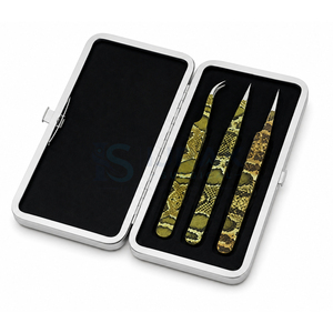 Juego de Pinzas para Pestañas Ijrak Quirúrgicas de 3 Piezas, Punta Lisa de Acero Inoxidable Marrón de 10 mm, Agarre Perfecto, Estuche Metálico con Patrón de Piel de Serpiente - Product Image 2