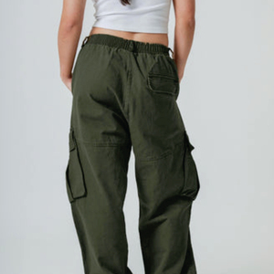 Women's Olive Green Cargo <b>Pants</b> Solid Color Elastic Waist Loose Fit Casual Full Length With Pockets <b>Summer</b> Wear - Product Image 6